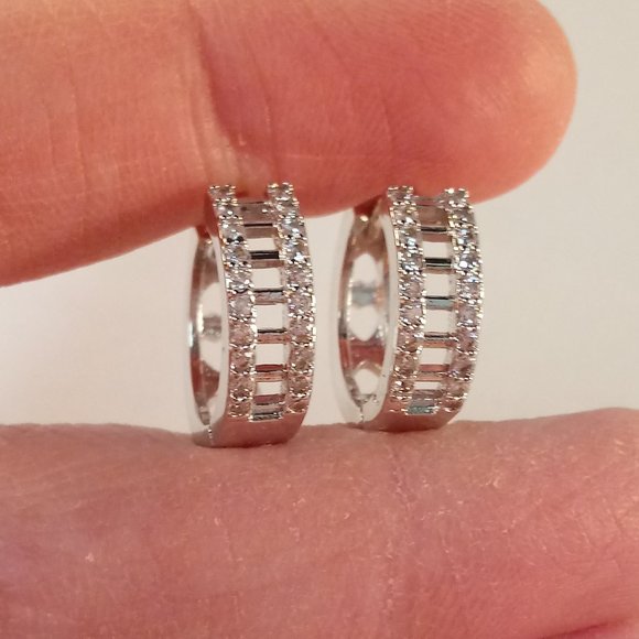 Jewelry - 18K White Gold Filled Diamond Zircon Layered Bar Hoop Earrings 13mm Party Gift